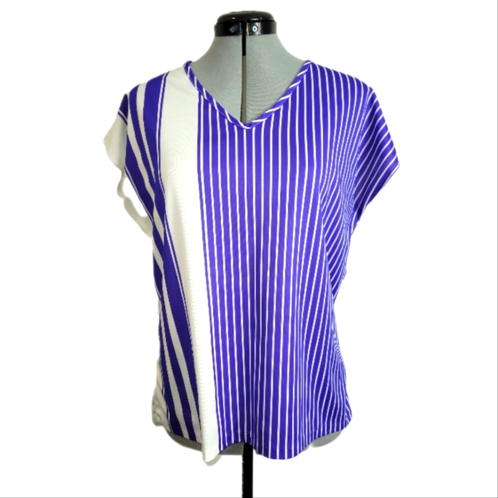Vintage Striped V Neck T shirt Purple White Sporty